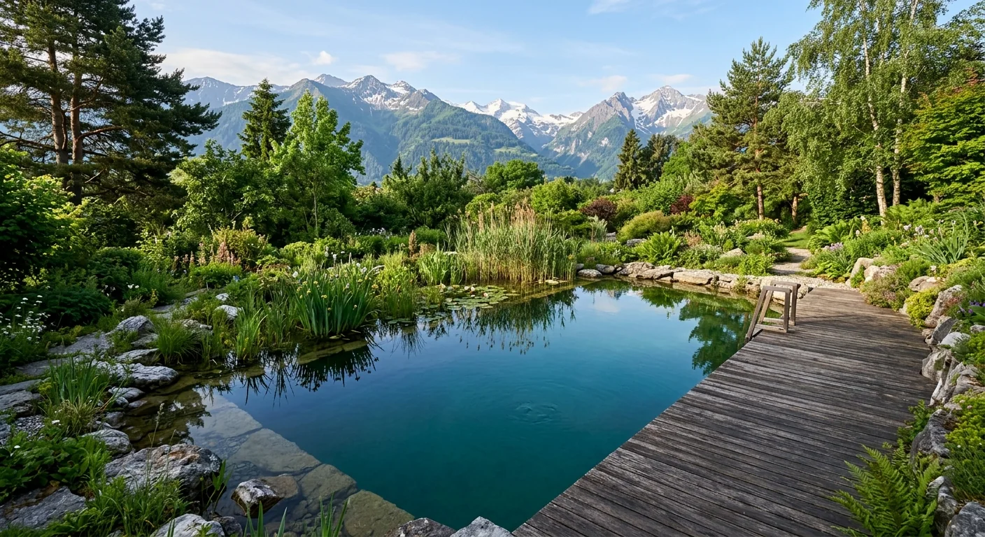 Immagine illustrativa di una biopiscina con zona di rigenerazione e pontile in legno